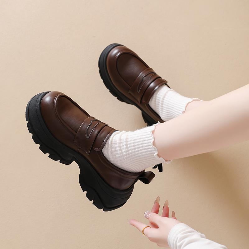 Fashion CRLAYDK Fashion Women's Platform Mid Chunky Heel Loafers Classic Round Toe Slip On Office Uniform Leather Walking Shoes