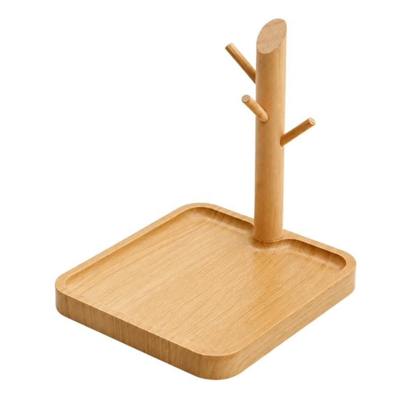 Entryway Key Holder and Jewelry Stand with Branched Hanging Pegs, Recessed Tray, and Removable Solid Wood Post
