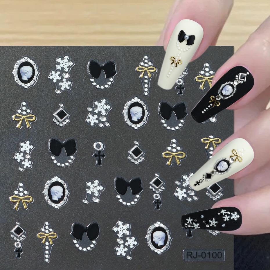 Nail Art Sticker Embossed Snowflake Chain Drill Bow Rhombus Earrings Three-Dimensional Adhesive-Backed Nail Art Sticker