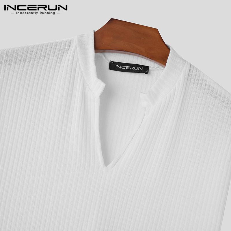 INCERUN Мужские футболки в полоску с коротким рукавом и V-образным вырезом — фото 8