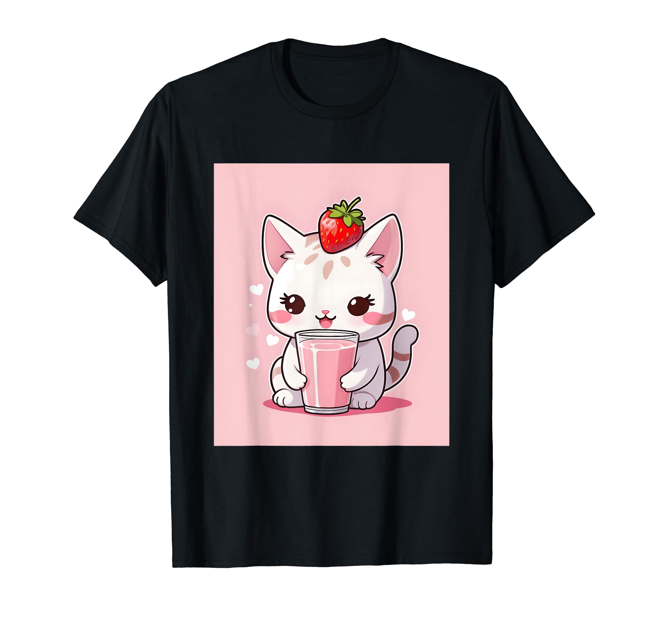 

strawberry things printed Kawaii, cat, milk, cute, Japanese, T-shirt чорний