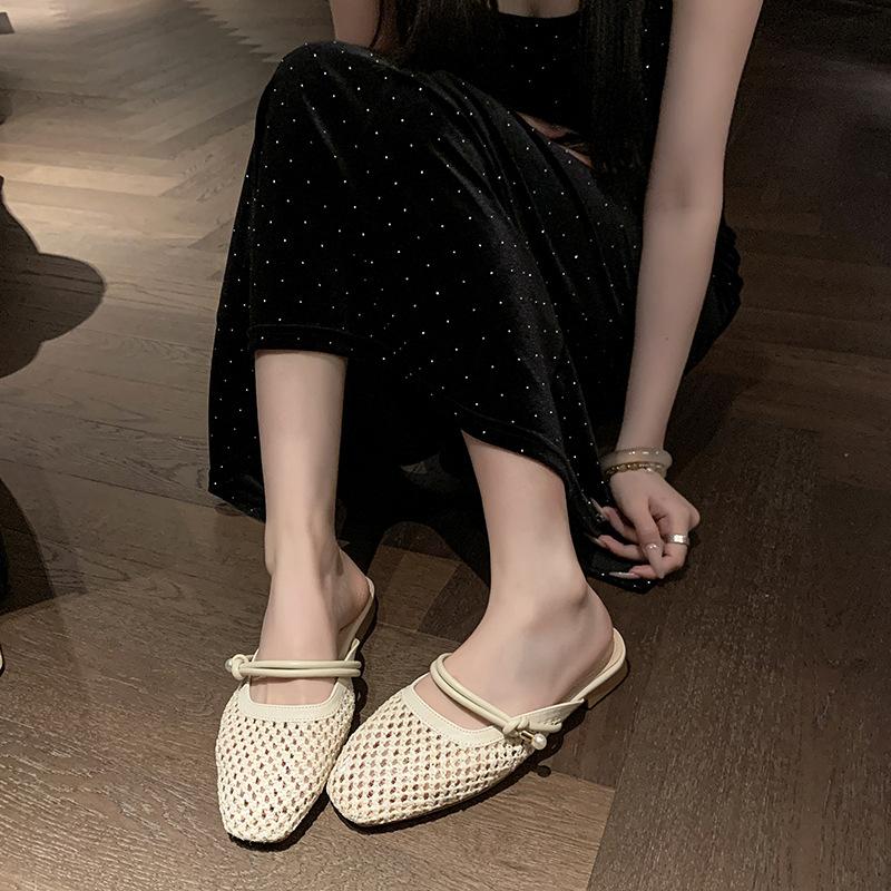 

Summer new bag head half slippers women wear flat bottom one pedal lazy shoes fishing net breathable women s shoes 40 абрикосовий
