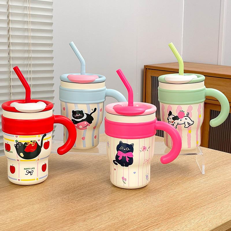 700ML/1.2L Tumbler med Håndtak Lokk Sugerør Søt Katt termokopp Rustfritt Stål Vannflaske Utendørs Reise Bil Kaffekopp Gave