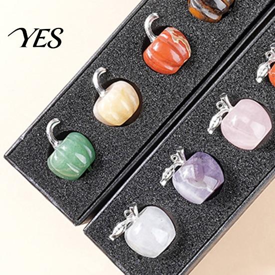 Artistic Desktop Decoration Set 7Pcs Hand Carved Natural Stone Apple Pumpkin Figurine Set, Mini Gemstone Ornaments Soft Color Crafts with Gift