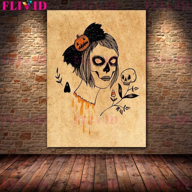 Strawberry Ghost and Scary Girl Retro Wall Art Oil Painting Scary Little Witch Portrait Art Poster
