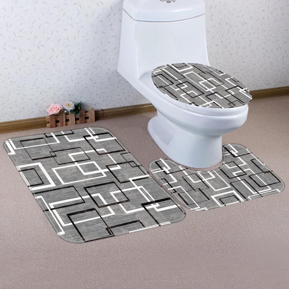 1/4 Geometric Grid Shower Curtains, Toilet Seat Decoration, Shower Curtain With Carpet And Toilet Lid, 12 70.8X70.8 Inch Hooks