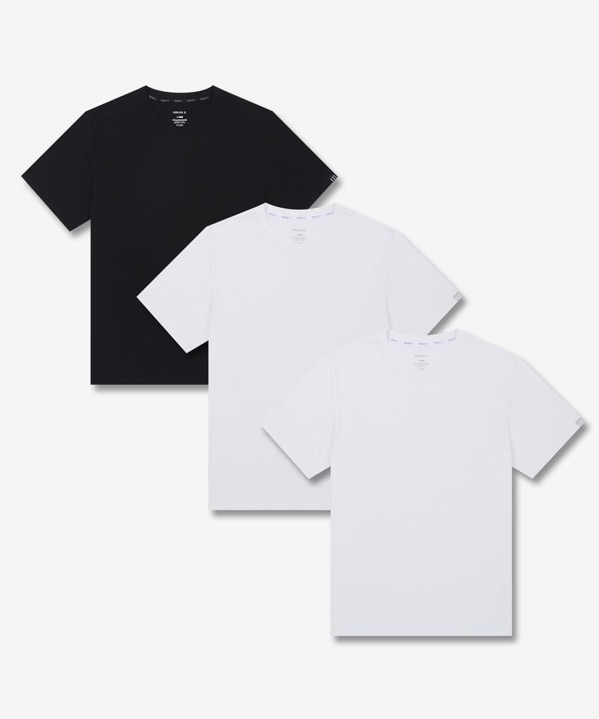 FOREVER21UNDERWEAR [3Pack] Unisex 30-Count Cotton Regular Fit Short Sleeve T-Shirt Black+White