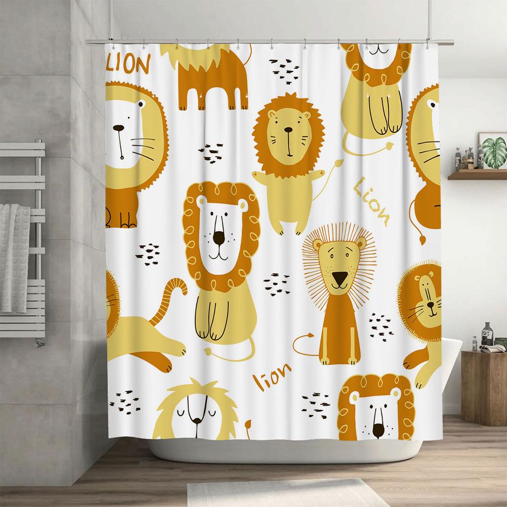 Whimsical Cartoon Lion Family Bath Shower Curtain Set Waterproof Decor