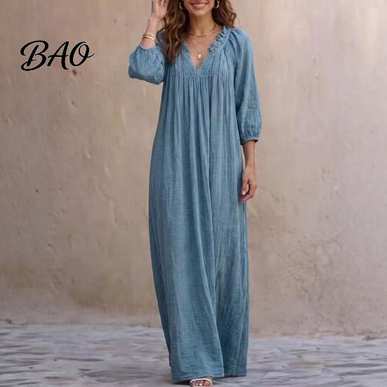 Casual Wear Dress Bohemian Ruffle V-Neck Long Dress, 3/4 Sleeves Maxi for Solid Color Vacation Women, Loose Spring Fall Breathable Women Dresses