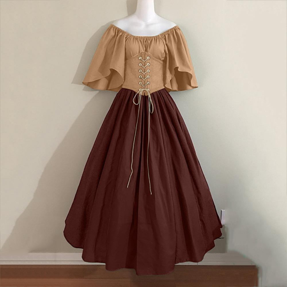 Women's Off‑Shoulder Half Sleeve Maxi Dress Loose Fit High Waist Vintage Renaissance Medieval Gown