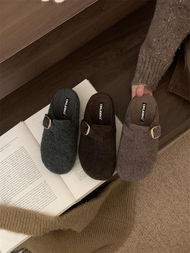 Inner Height Increase Gray Fluffy Shoes Women Wear New Thick-soled Birkenstocks with Velvet Bag Head and Half-drag Cotton Shoes In Autumn and Winter