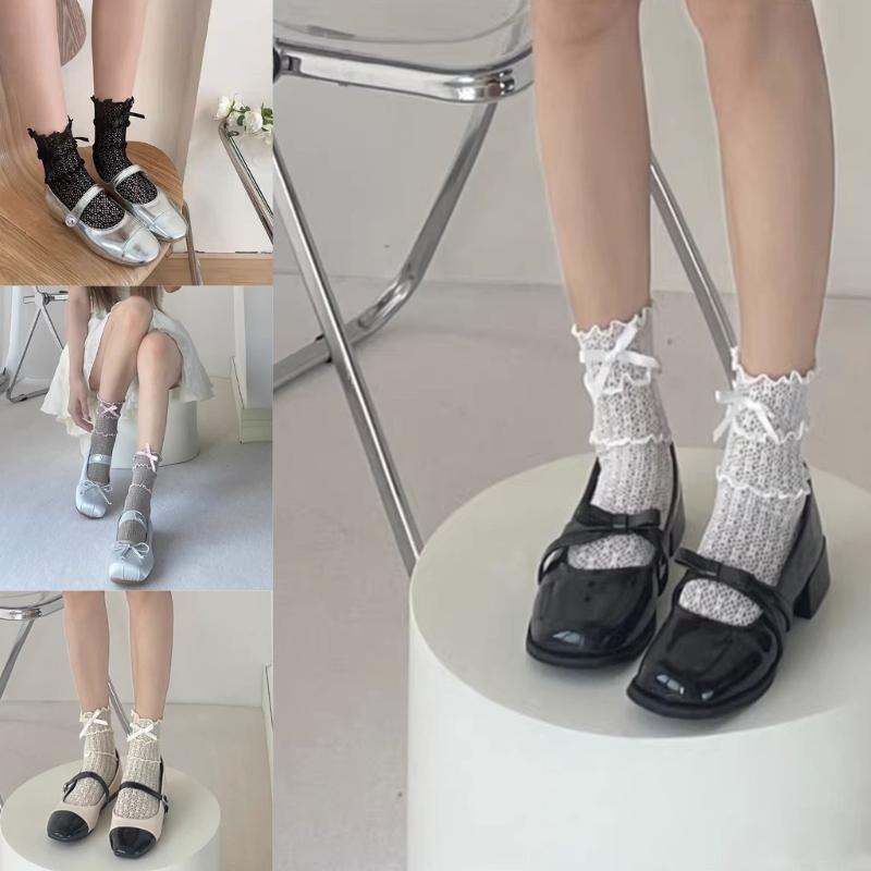 Lace Calf Socks Bowknot Middle Tube Sock Summer Hollow Out Stocking for Student Girl Lady Japanese Style Socks