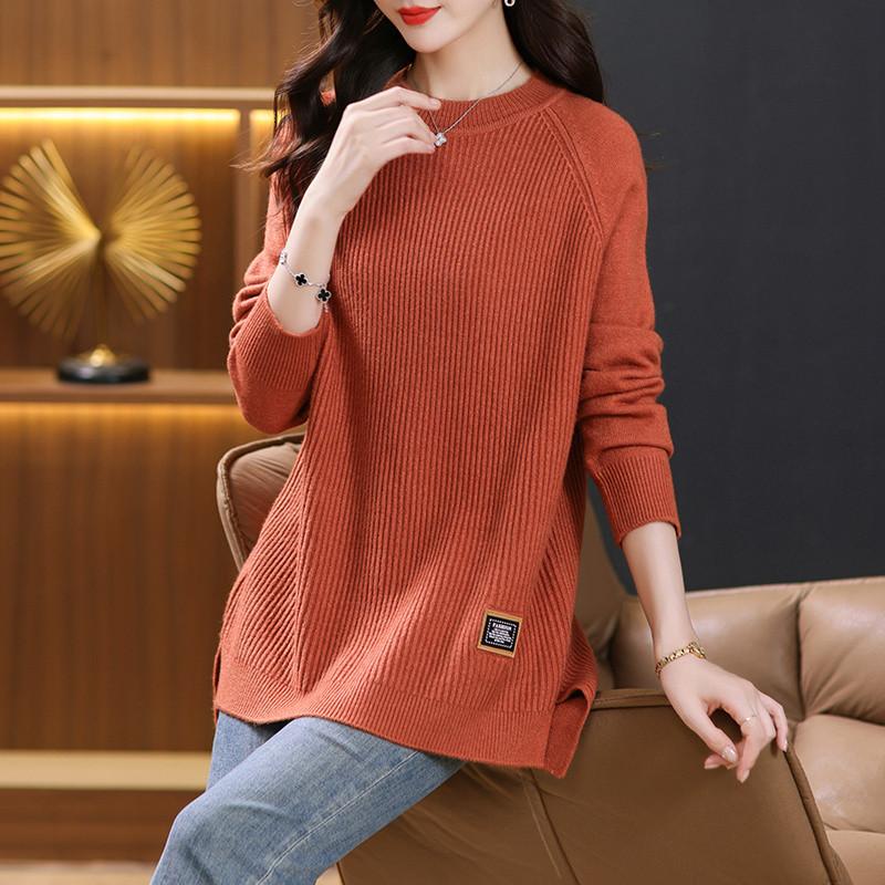 Осенний женский повседневный однотонный свитер средней длины с круглым вырезом XXXXXL оранжевый 3289₽