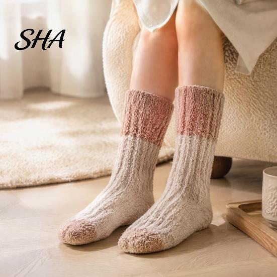 Warm Crew Socks for Winter Thickened Long Plush Women, Coral Fleece Socks, Cold Feet Relief Thermal Sleep Anti-static Contrast Color Indoor