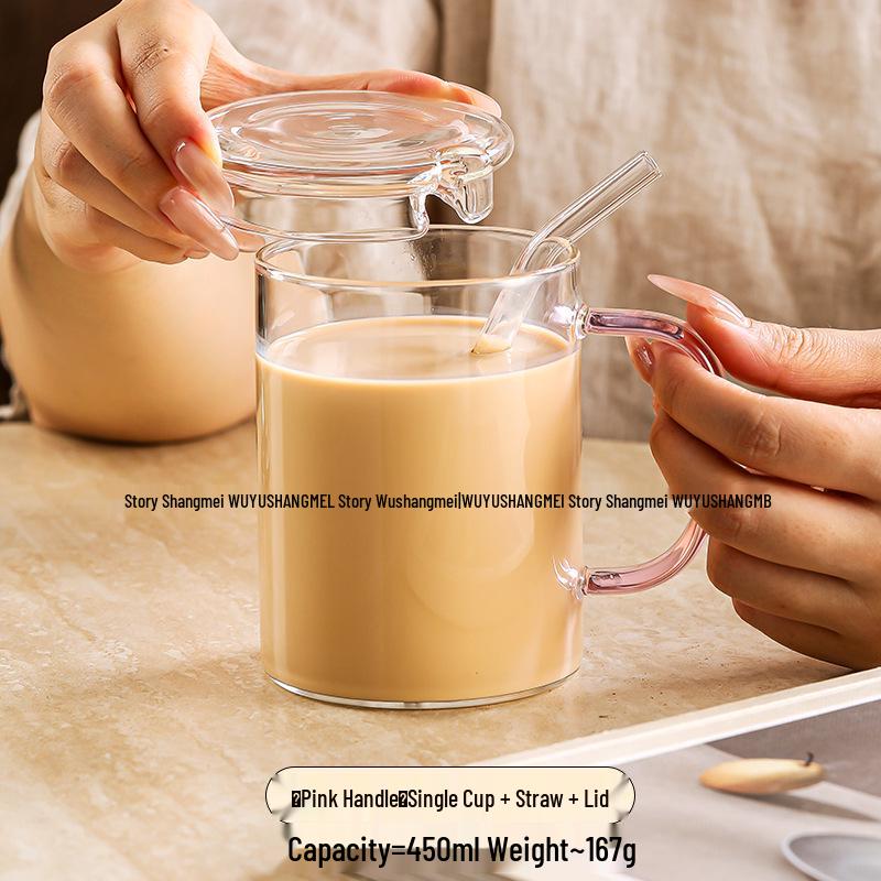 High-Temperature Resistant Borosilicate Glass Cup with Flat Bottom, Lid, and Handle - Explosion-Proof for Tea or Milk