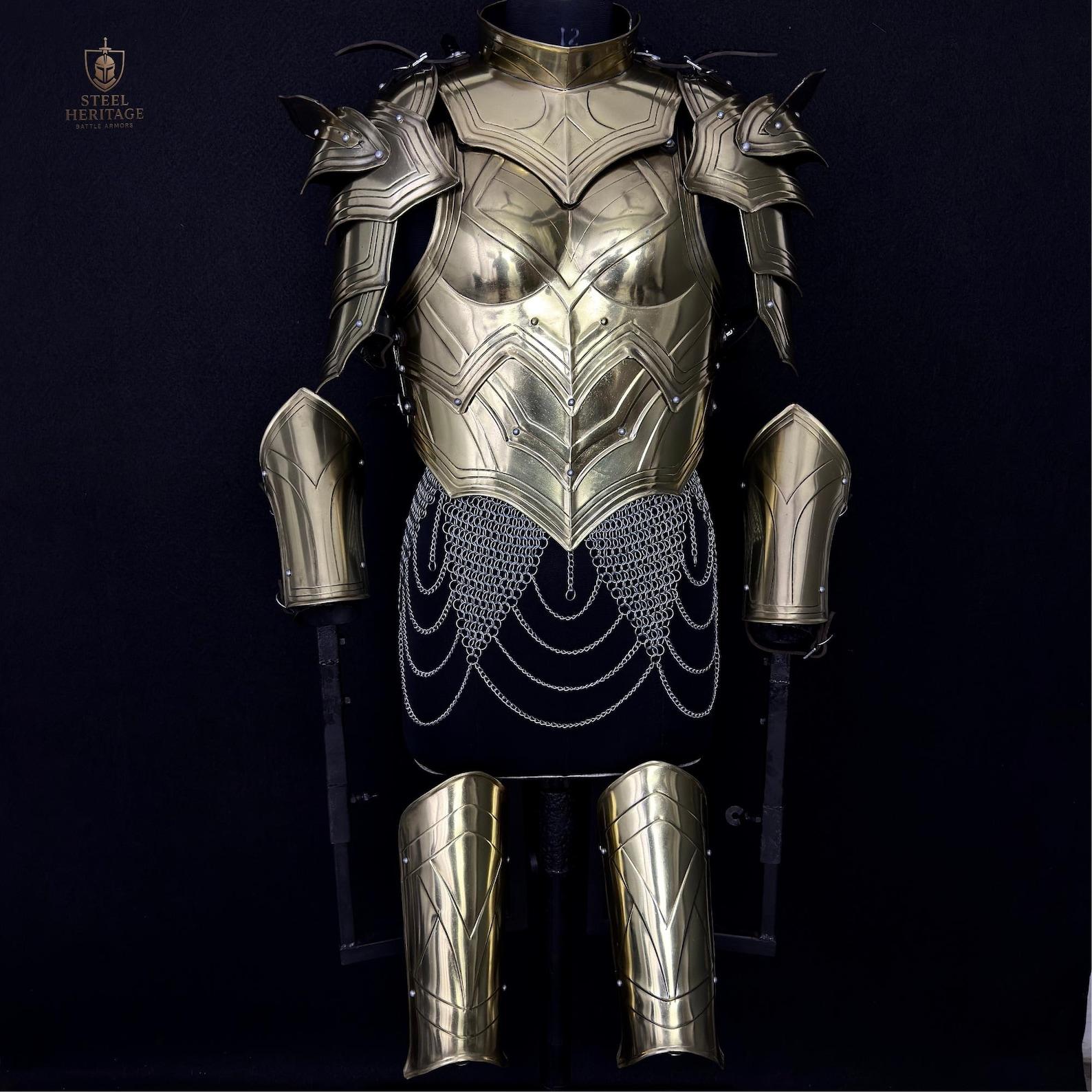 Golden Medieval Full Plate Steel Armor Set with Chainmail Skirt Fantasy Knight Cosplay Armor