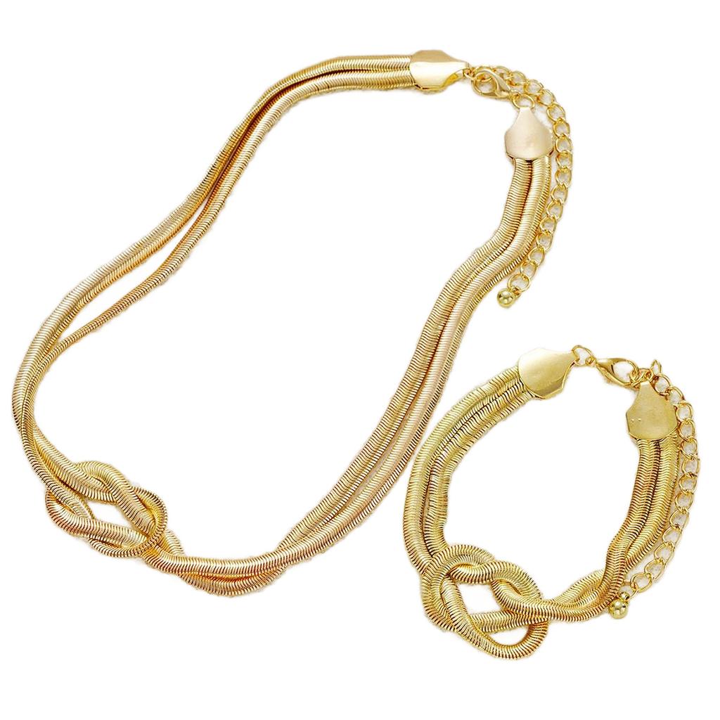 Fashion Double Layer Knot Necklace And Bracelet For Women Gold Color Snake Chain Choker Twisted Chunky Jewelry Set