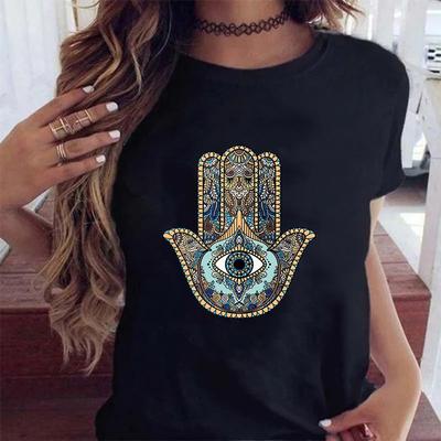 تيشيرتات Hamasa بطبعة يد فاطمة للجنسين، تيشيرتات Harajuku unisex بيد حمسا المحظوظة، بلوزات صيفية قصيرة الأكمام سوداء، تيشيرتات نسائية
