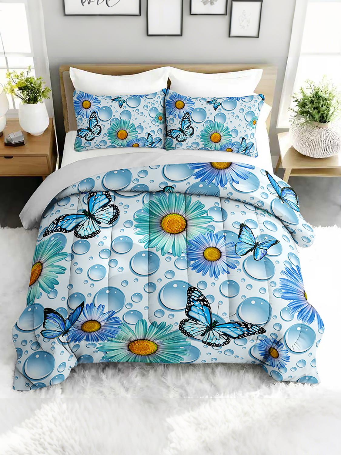 

3PC Blue Floral Butterfly Comforter Set with 2 Pillowcases - Daisy Patterned Bedding Collection for Bedroom Twin