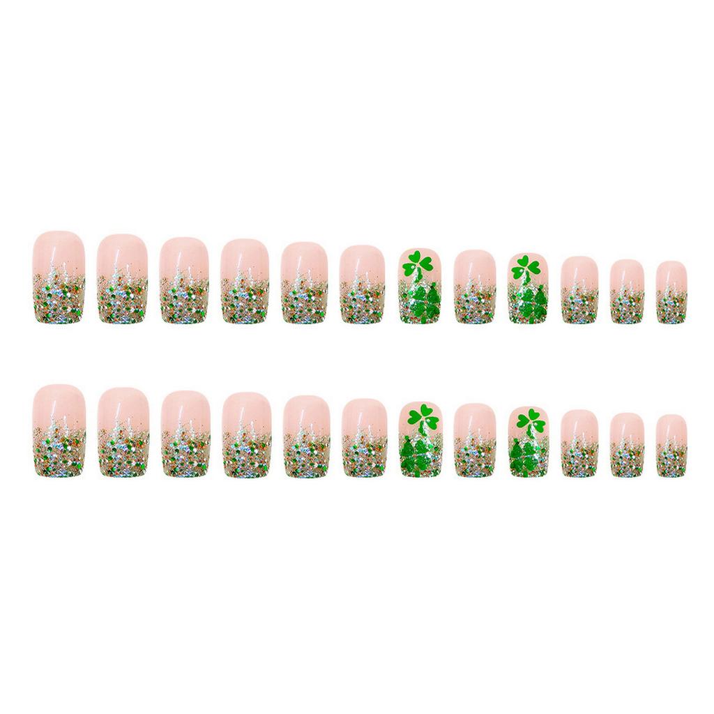 Green Glitter French Clover Artificial Nails 24 Pieces Short Matte False Nails For Daily Use