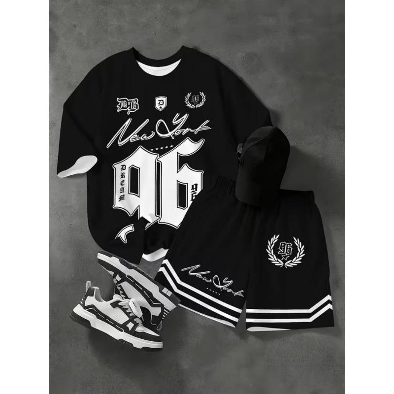 2-piece Summer Boys Casual Sports Trend 3D Pattern Printed Pattern Round Neck T-shirt and Shorts Set 12Y100cm