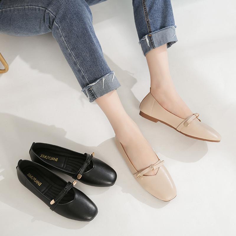 Fashion Genuine Leather Flats Shoes Woman Retro Grandma Loafers Bowtie Belt Moccasins Girl Mart Airpot Flats Lady Cowhide Mary Jean Shoe