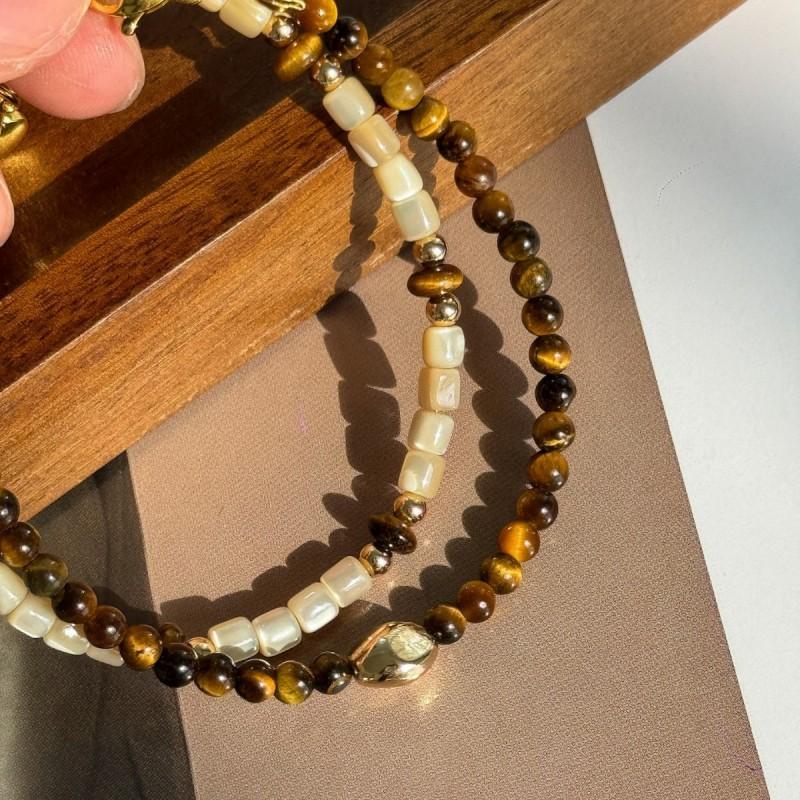 Minimalist Geometric Layered Bracelet Set With Tiger Eye Stone Natural Shell Beads Women