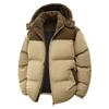 Mens Winter Warm Thick Cotton Puffer Jacket With Hood Color-Block Design Faux Fur Trim Loose Fit Casual Outdoor Wear