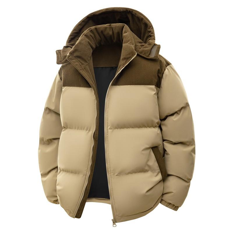 Mens Winter Warm Thick Cotton Puffer Jacket With Hood Color-Block Design Faux Fur Trim Loose Fit Casual Outdoor Wear