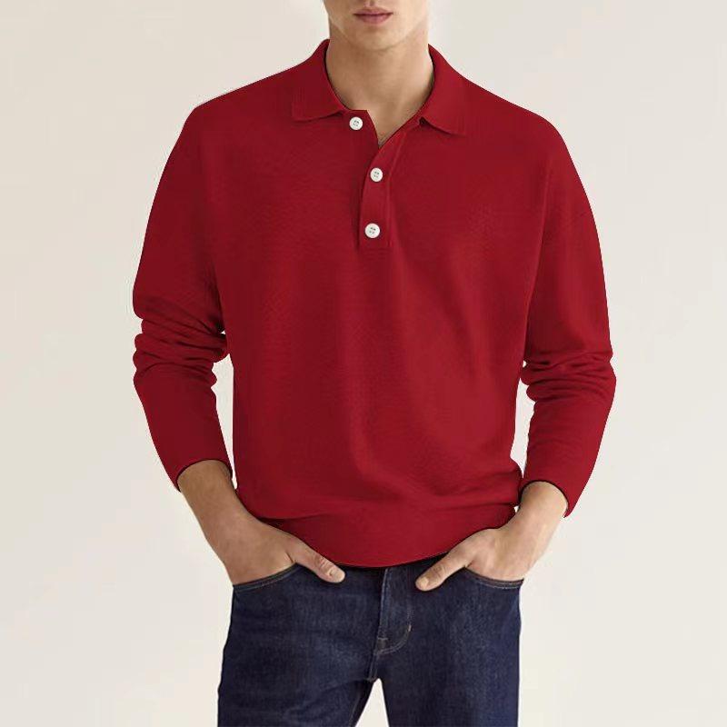 Spring and Autumn Long Sleeve V-Neck Buttons Men's Casual Top Polo Shirt