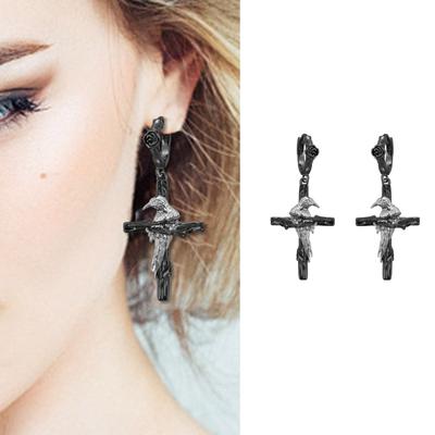 Gothic Cross Raven Punk Earrings Edgy Dark Jewelry Unique Design Ear Studs Alloy Hypoallergenic Ear Jewelry for Women