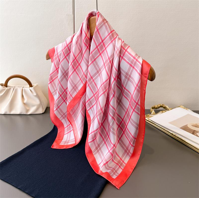 Simple plaid high-end printing silk scarf simulation silk square scarf shawl versatile neck small square scarf headscarf women's scarf