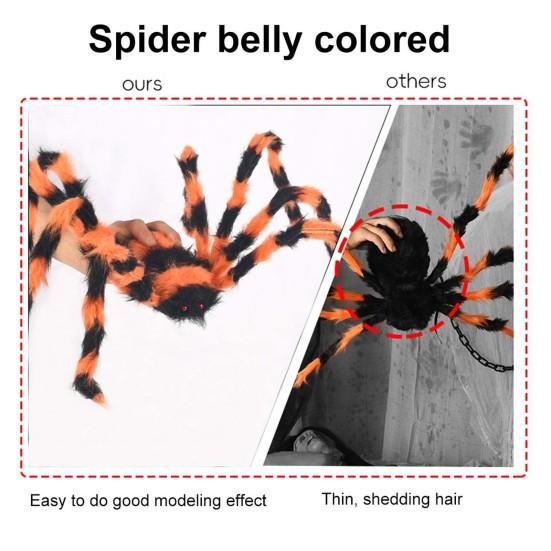 Large Halloween Spider Decorations Giant Spider, Scary Orange Black Hairy Decoration, Realistic Furry Prop Horror Props with Red Eyes for Porch