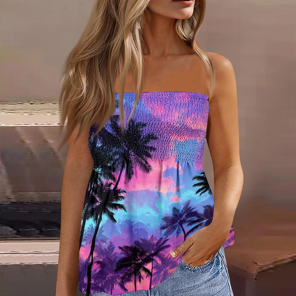 Women's Summer Fashion Strapless Top, Cute and Sexy Off-Shoulder Hawaiian Print Sleeveless T-Shirt