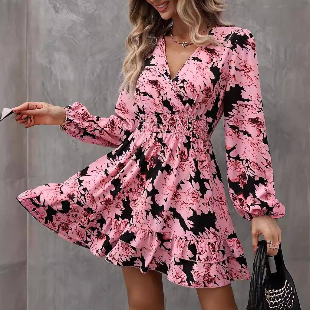Tume Floral Print Lantern Sleeve Ruffled Long Sleeve V-Neck Dress Ladies Temperament Skinny Small