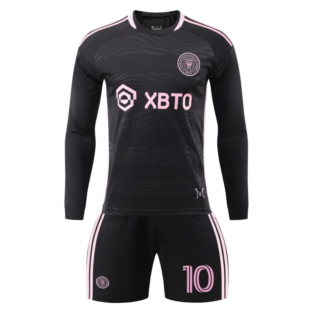Miami Messi Maneci Lungi Fotbal Tricou Set, Black Training Jersey Shorts Breathable Sportswear