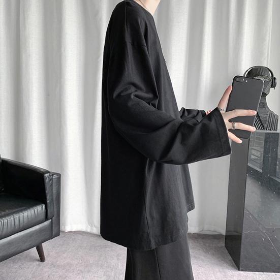 Men T-shirt Long Sleeve O Neck Solid Color Loose Pullover Warm Soft Plus Size Men Spring Top for School