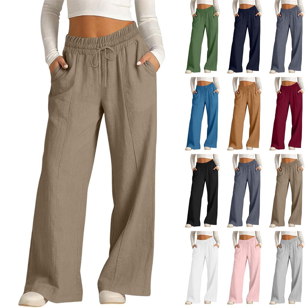 Women's Casual -Color High-Waisted Wide-Leg Drawstring Pants With Pockets
