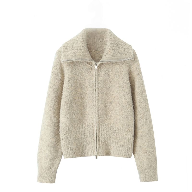 

Today s Dessert Wine Stylish Solid Color Polo Collar Double Zipper Knitwear Simple Temperamental All-Match Sweater Coat Top Apricot color One size