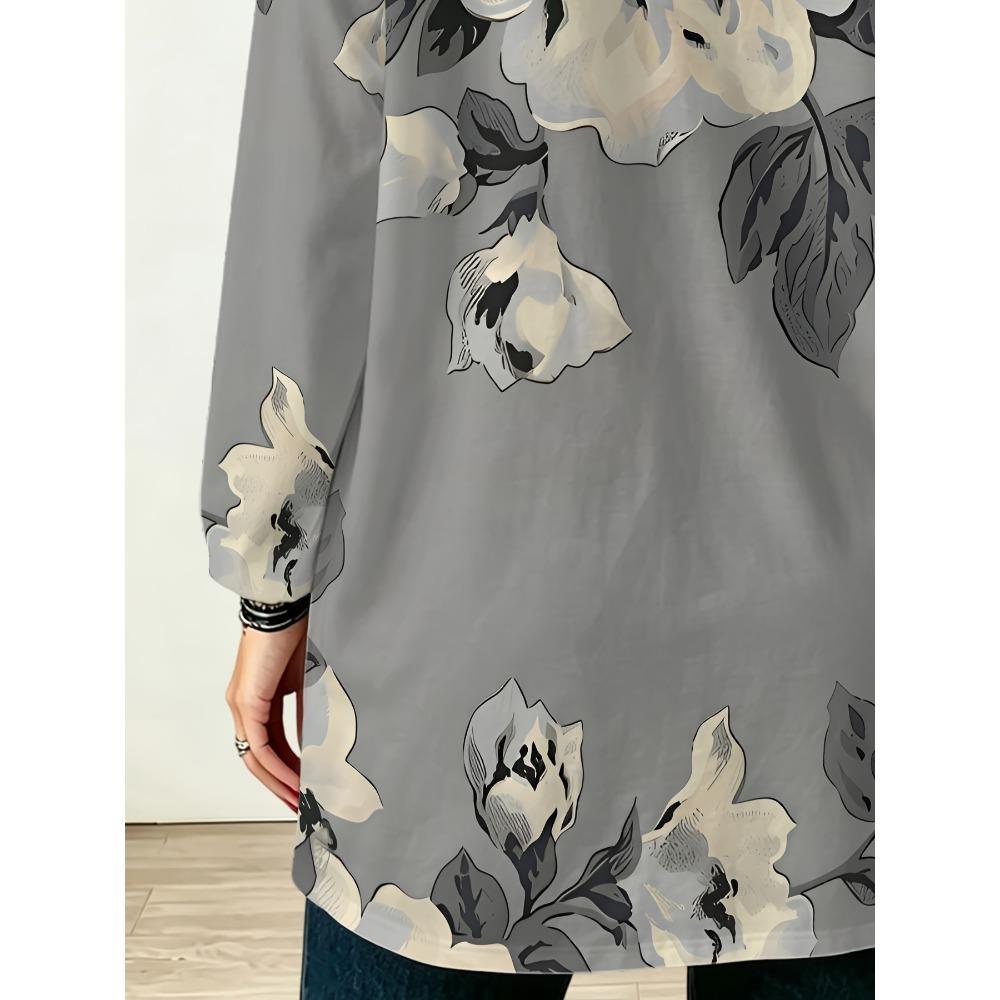 Women's Crew Neck Long Sleeve Top Grey Bottom Retro Large Floral Print with Pockets Loose Medium and Long Top