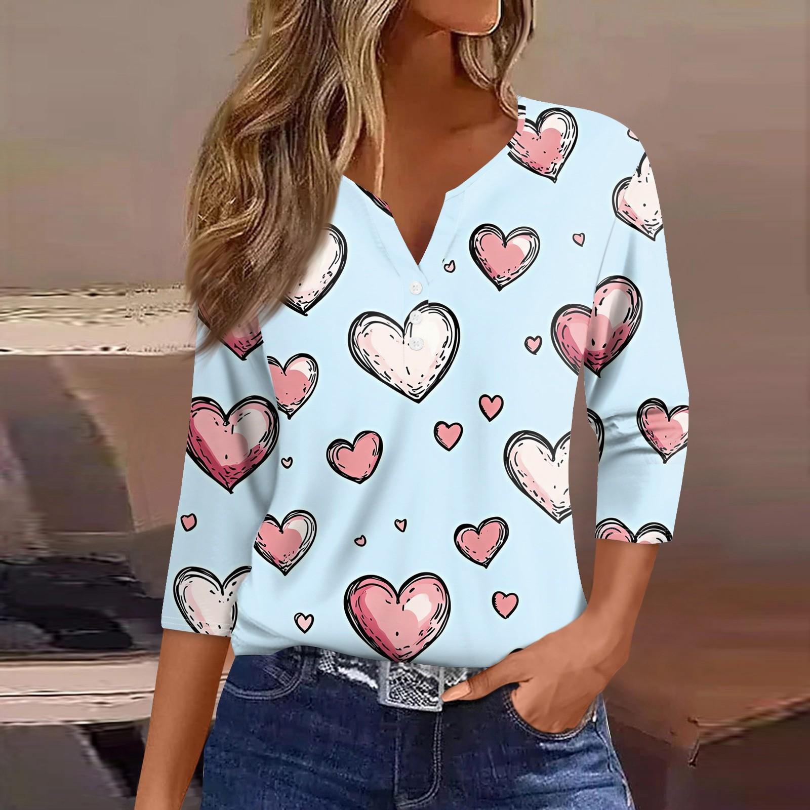 

Женская футболка с принтом ко Дню святого Валентина, на пуговицах, рукав 3/4, туника, повседневная мода на выходные, базовый топ с V-образным вырезом XXL