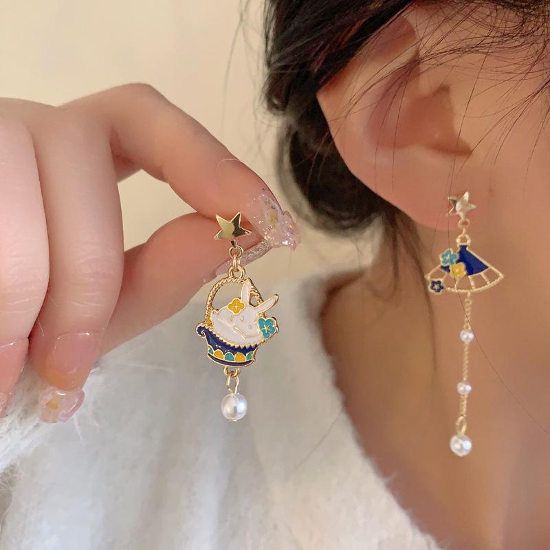 S925 Sterling Silver Asymmetric White Rabbit Stud Earrings with Tassel Chain