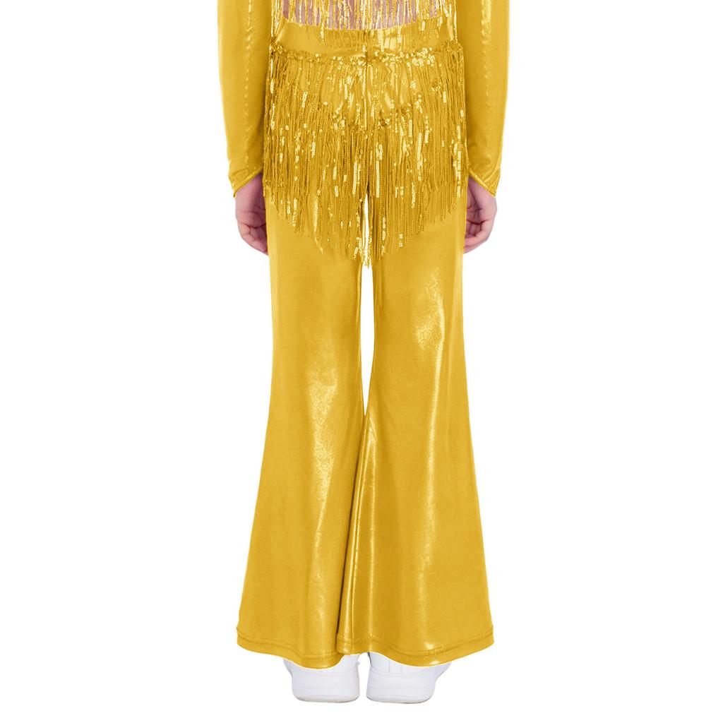 Girls Stage Performance Metallic Flared Pants Sparkling Sequin Tassels Back Invisible Zipper Bell Bottom Trousers