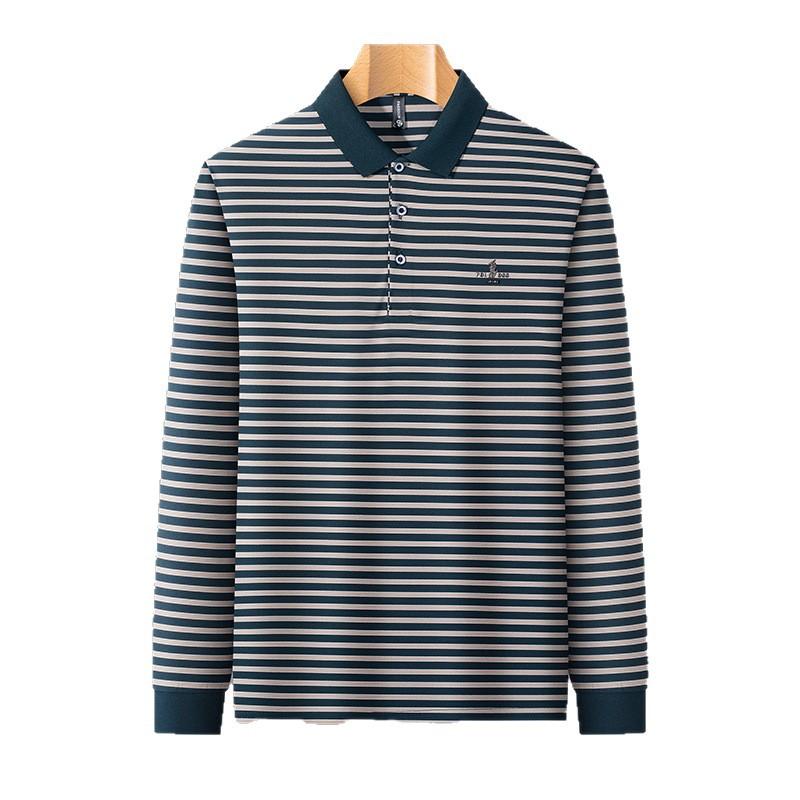 Men's Long Sleeve T-Shirt Striped Wrinkle-Resistant Autumn Business Trendy Lapel Collar Polo Shirt