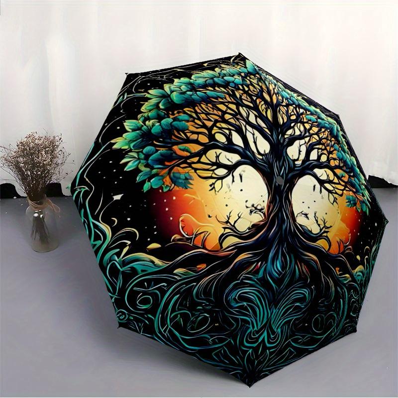 1pc Tree of Life Automatic Folding Umbrella, 8-Rib Sturdy Canopy, Portable Travel Umbrella for Outdoor Use