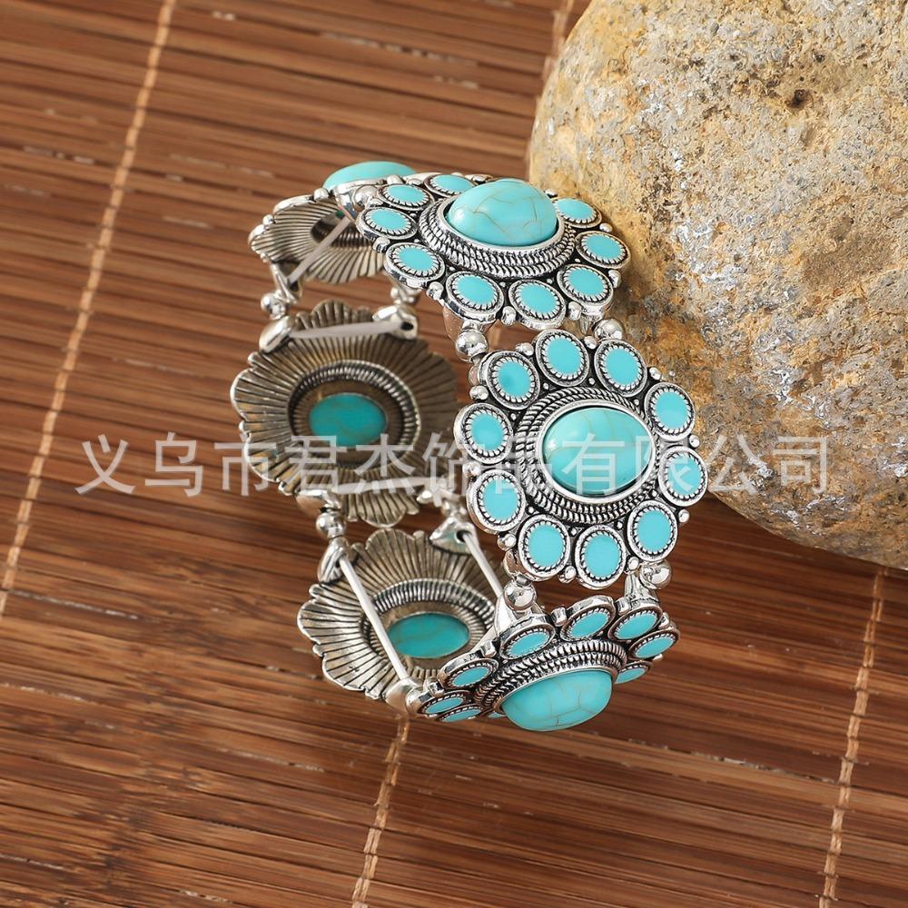 European and American Ethnic Style Personalized Retro Alloy Turquoise Elastic Bracelet Women's Bohemian Bracelet Jewelry