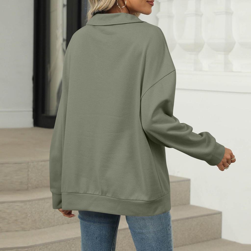 Women's Fashion Oversized Solid Color V-Neck Sweatshirt Long Sleeve Casual Top