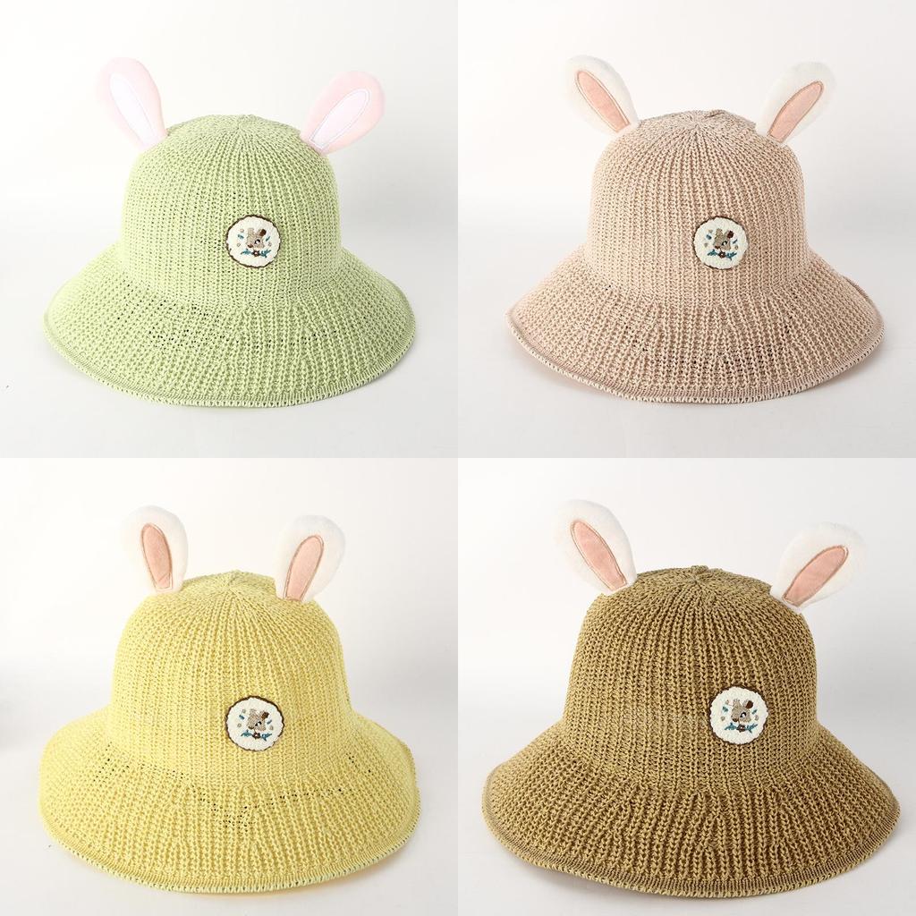 Cute Bunny Ear Knit Hat For Children Spring Autumn Outing Sun Hat Breathable Sweet Baby Basin Cap