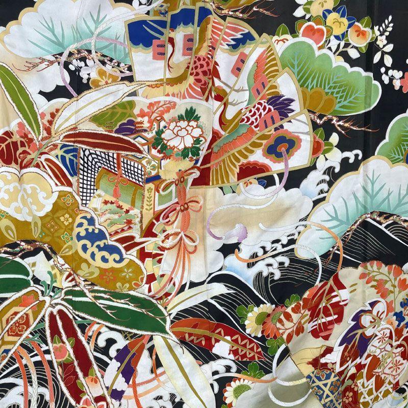 Used 606aa20Antique kimono, furisode, five crests, wave and imperial carriage, retro modern, Taisho Roman, Showa retro, Japanese and Western MIXGood