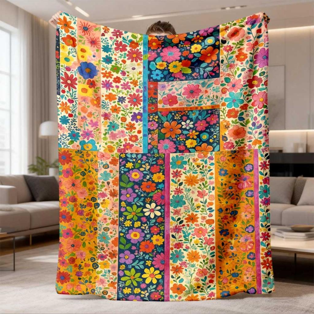 1pc Vintage Floral Patchwork Flannel Blanket | Soft All-Season Throw with Mixed Colors, Perfect for Bed, Camping, Travel, Ideal Gift for Friends & Fam